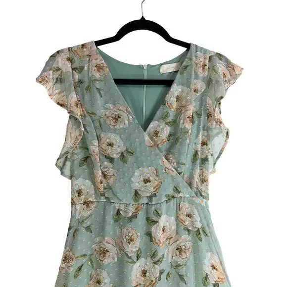 Altar’d State Green Floral Midi Dress Ruffle Sleeve V Neck No Belt - Picture 3 of 10
